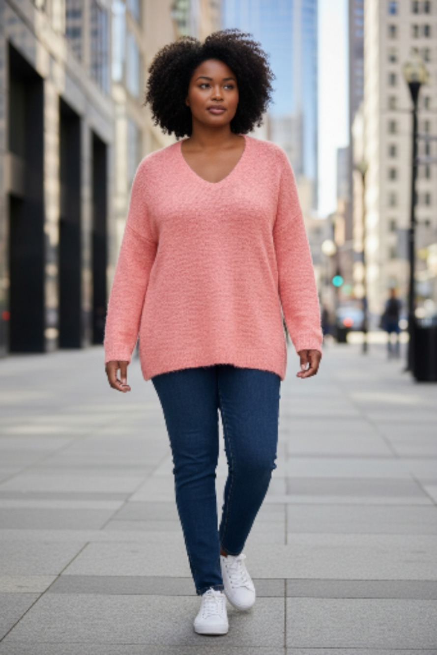 Women's Calvin Klein Jeans V Neck Long Sleeve Sweater Coral Size Small